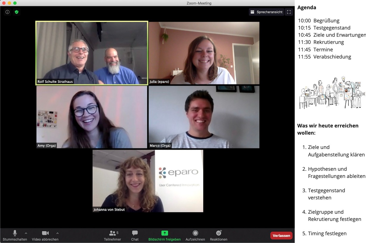 Screenshot eines Zoom-Meetings. 6 Personen lachen in die Kamera. Meeting scheint wirklich Spaß zu machen.