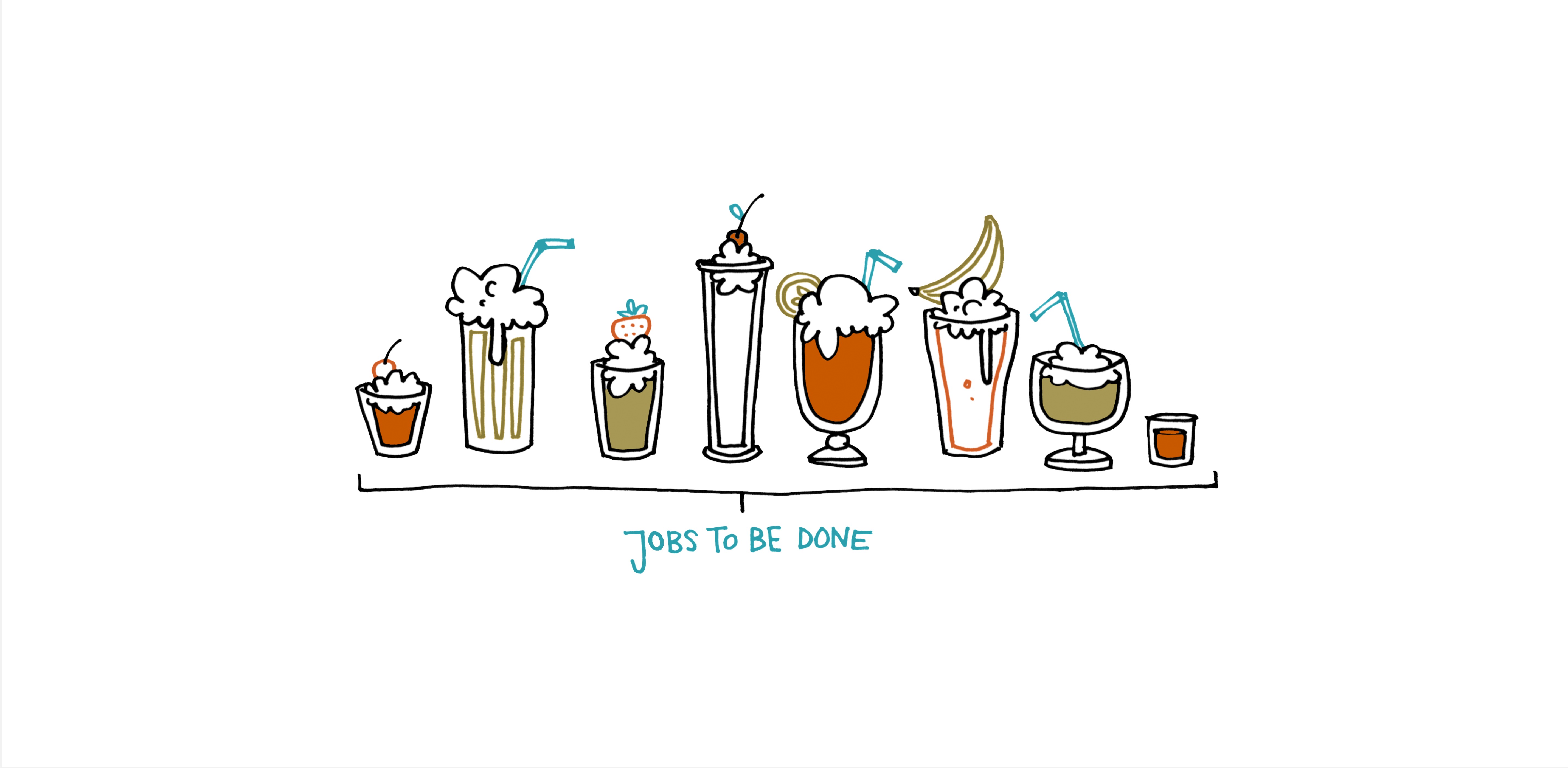 Bunte Strichzeichnung von 8 unterschiedlichen Milkshakes mit Sahne, Obst und Strohhalm und so. Darunter steht Jobs-to-be-done.