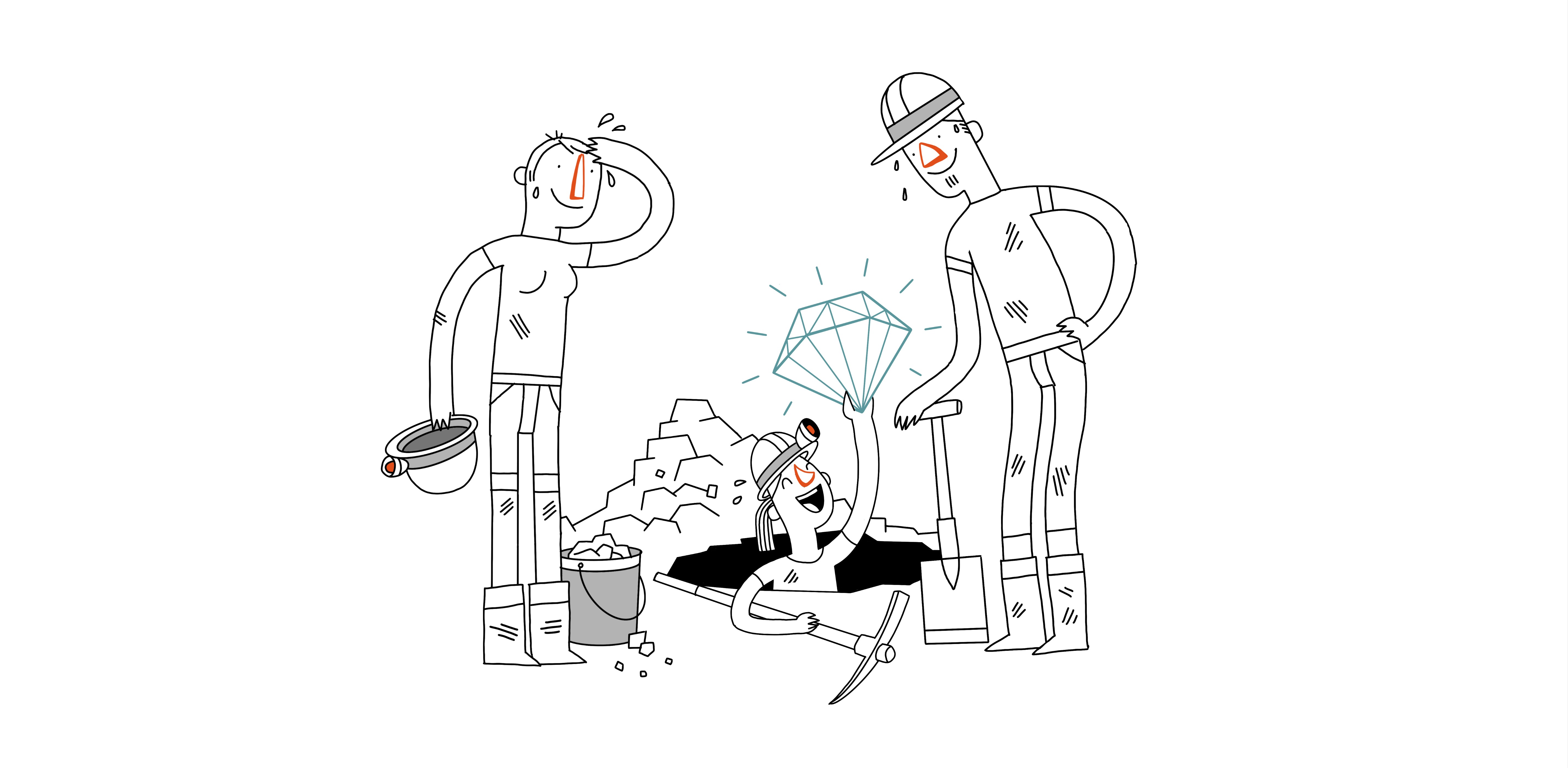 Illustration mit 3 Menschen mit Bauarbeiterhelmen die ein Loch graben, eine hält einen Diamanten hoch.