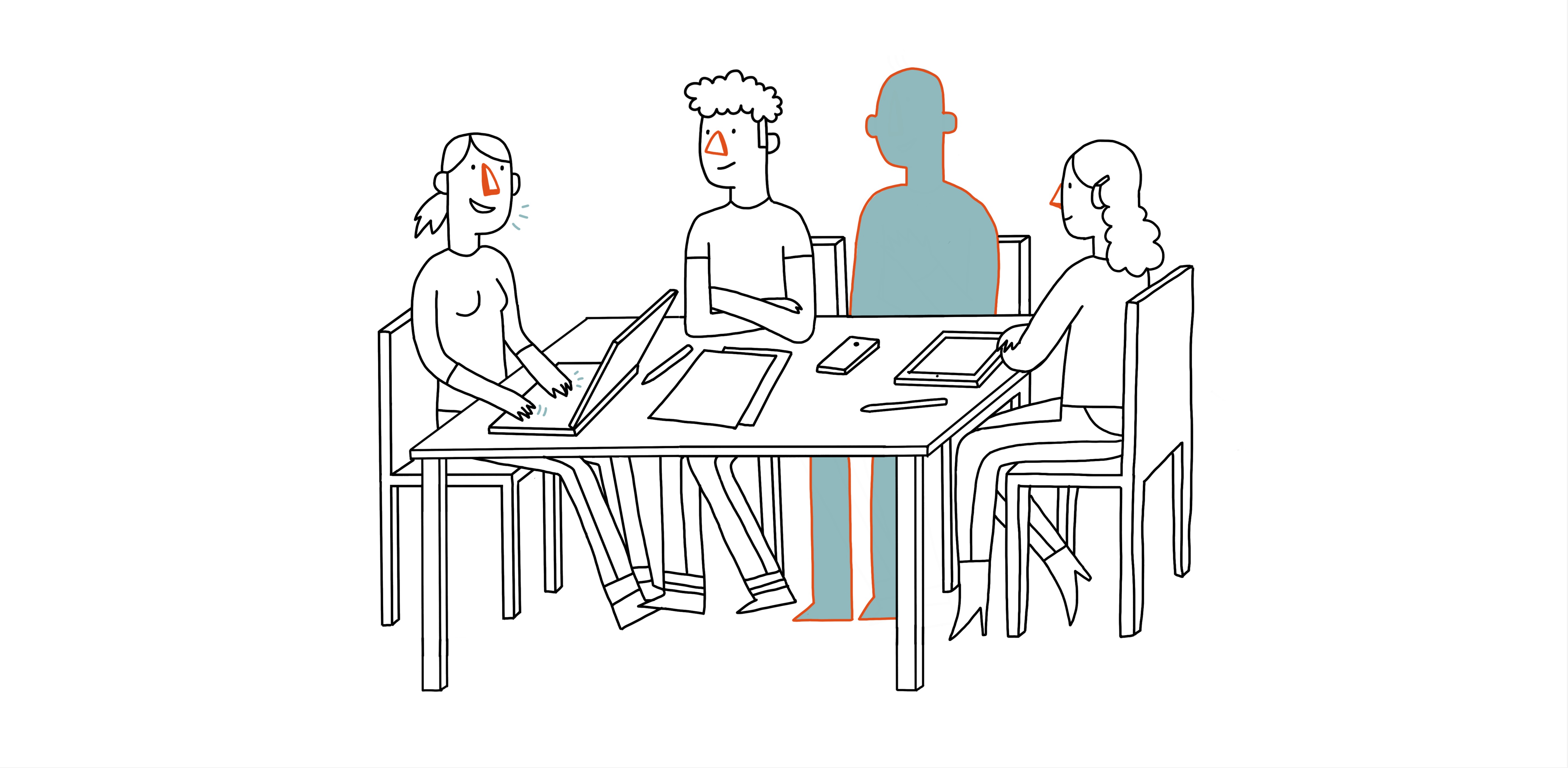 Strichzeichnung von 3 freundlichen Personen, die am Tisch arbeiten mit Laptop. Eine vierte Person am Tisch ist als blauer Schatten dargestellt.