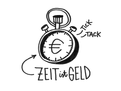 cribble einer Taschenuhr mit einem €-Zeichen auf dem Ziffernblatt und dem Text 